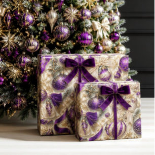 Papel De Presente Luxo em Veludo Roxo e Dourado Natal Vintage