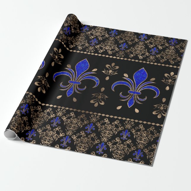 Papel De Presente Luxo Lapils Lazuli e ouro Fleur-de-lis ornamen (Desenrolado)