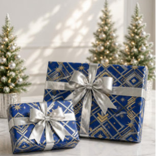 Papel De Presente Luxo Natal Azul Real Art Deco Dourado & Prata