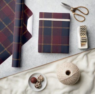 Papel De Presente Luxo Tartan Burgundy Azul Marinho e Dourado