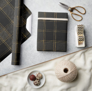 Papel De Presente Luxo Tartan Preto e Dourado Xadrez Elegante
