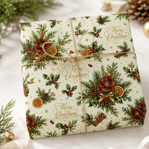 Papel De Presente Luxuoso Botânico Feliz Natal Rota Sálvia Creme