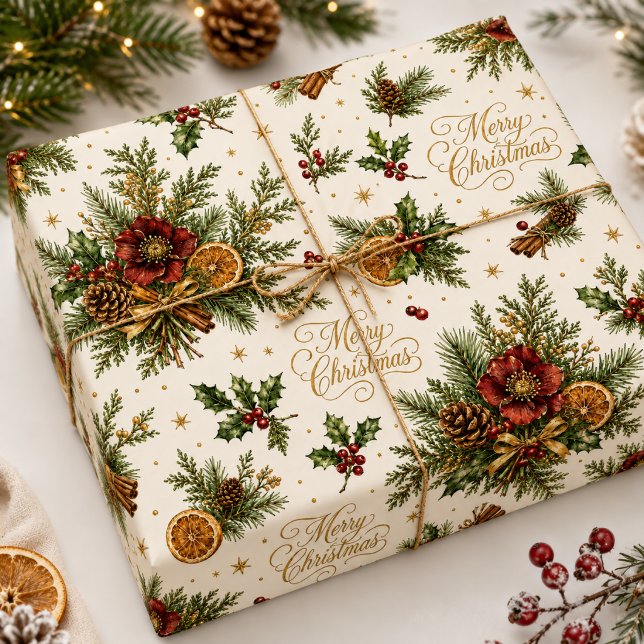 Papel De Presente Luxuoso Botânico Feliz Natal Rótulo Feriado (Criador carregado)