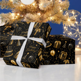 Papel De Presente Luxuoso Feliz Aniversário Preto e Dourado