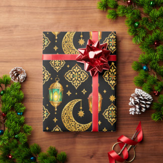 Papel De Presente Luxuosos Lanterns de Ramadan em Ouro Crescente Sem