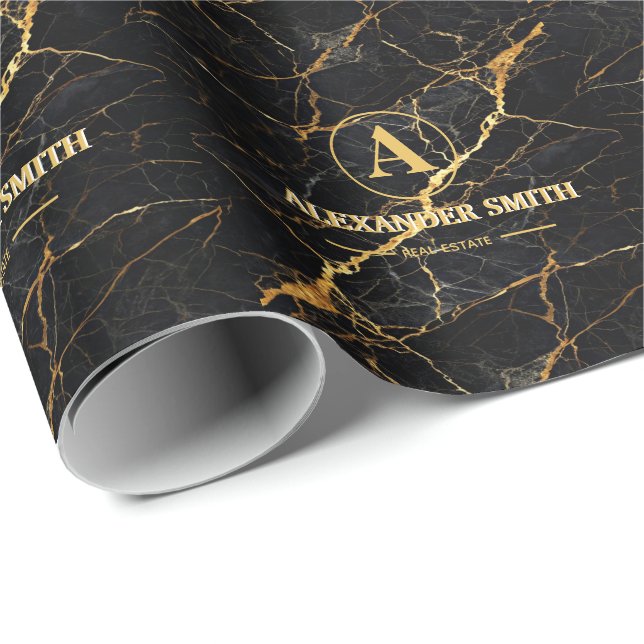 Papel De Presente Luxury Black Marble Gold Monogram Business Brand (Ponta do rolo)