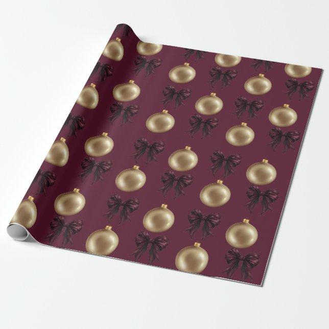 Papel De Presente Luxury Burgundy & Gold Baubles & Bows (Desenrolado)