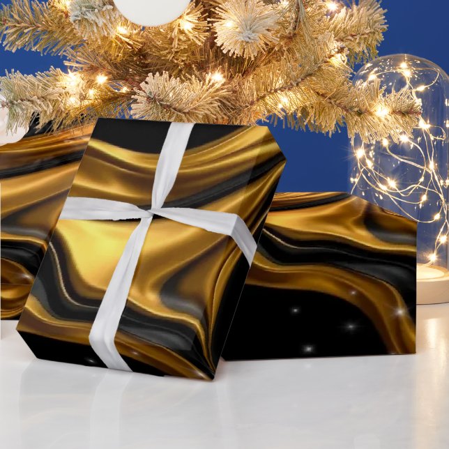 Papel De Presente Luxury Designer Black & Gold Liquid Swirl Pattern (Feriados)