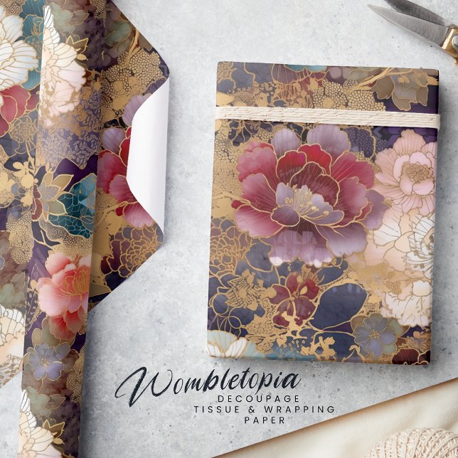 Papel De Presente Luxury Floral | Rosa e Roxos com Dourado (Criador carregado)