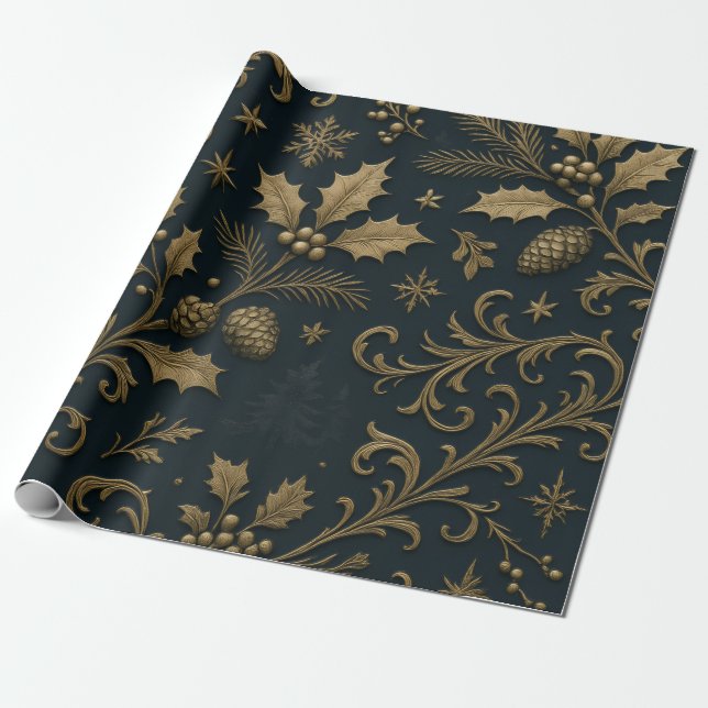 Papel De Presente Luxury Gold & Navy Gilded Botanical Christmas (Desenrolado)