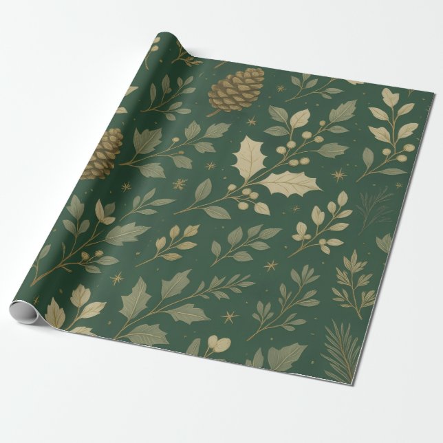 Papel De Presente Luxury Green & Champagne Forest Gold Christmas (Desenrolado)