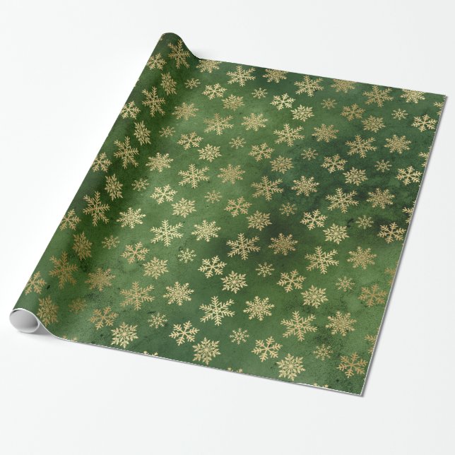 PAPEL DE PRESENTE LUXURY GREEN DOURADO NATAL SNOWFLAKE (Desenrolado)
