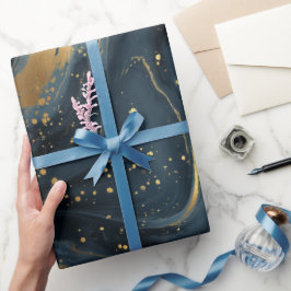 Papel De Presente Luxury Navy Gold Fluid Motion Abstract Pattern