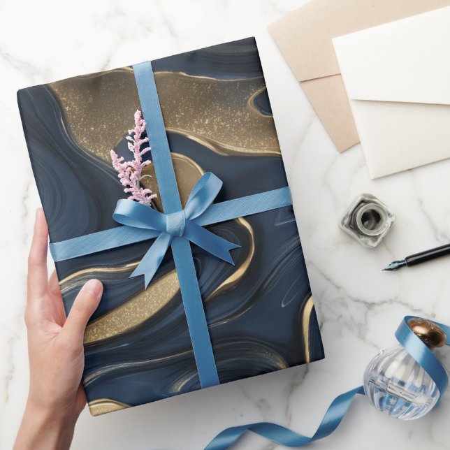 Papel De Presente Luxury Navy Gold Fluid Motion Abstract Pattern (Presentear)