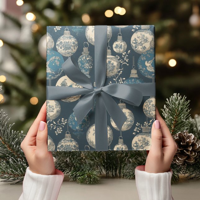 Papel De Presente Luxury Navy & Gold Toile Ornament (Criador carregado)