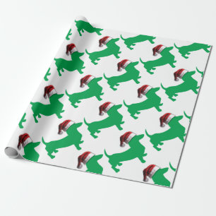 Papel De Presente Luz - Dachshund verde com um chapéu de Papai Noel