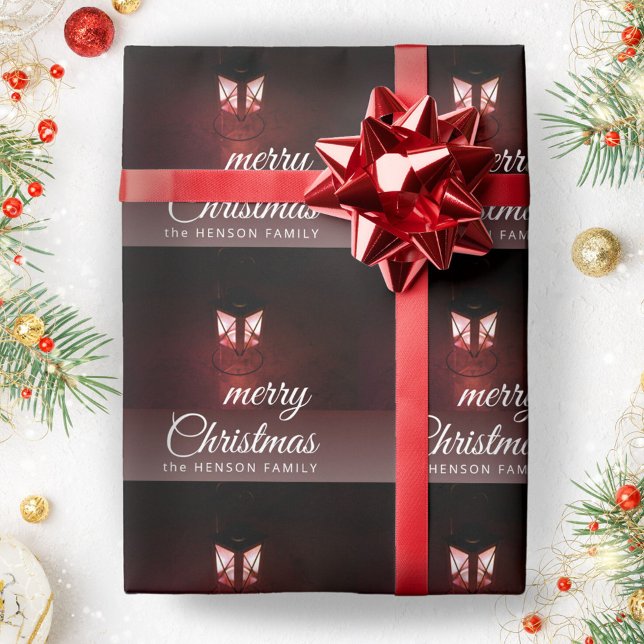 Papel De Presente Luz de Lanterna Antiga Feliz Natal Família Script (Criador carregado)