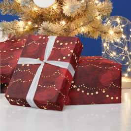 Papel De Presente Luzes de Fadas Vermelhas e Douradas Natal