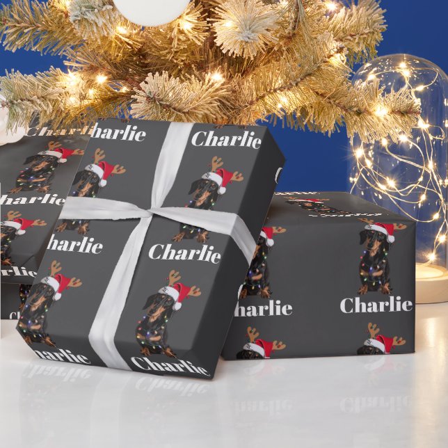 Papel De Presente Luzes de Natal de Cachorro Dachshund com Nome Pers (Feriados)