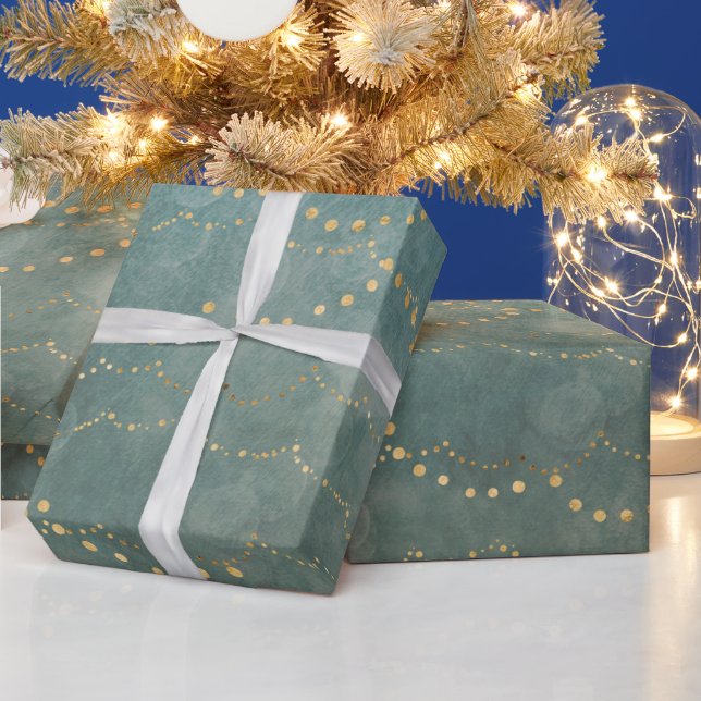 Papel De Presente Luzes de Natal Elegantes Douradas/Verde Água  (Feriados)