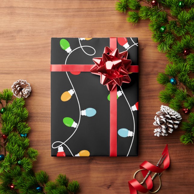 Papel De Presente Luzes de Natal Pretas Tendência (Presente de Natal)