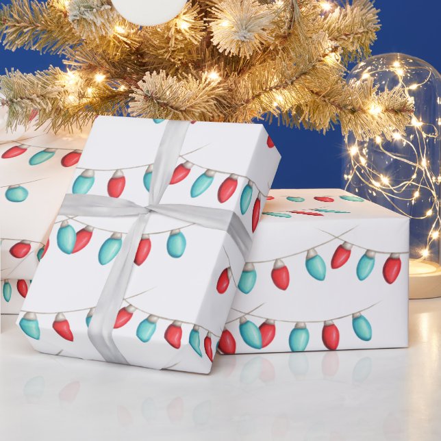 Papel De Presente Luzes de Natal Vermelhas e Turquesas Patteradas (Feriados)