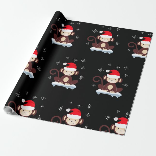 Papel De Presente Macaco bonito na neve, feliz Natal (Desenrolado)