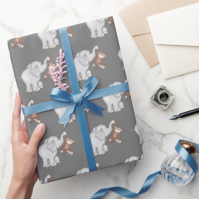 Papel De Presente Macaco e Elefante na Cinza (Presentear)