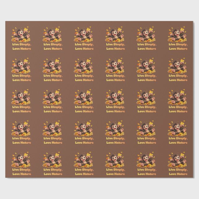 Papel De Presente Macaco Fofo Feliz Brincando em Folhas de Outono Ca (Aberto)