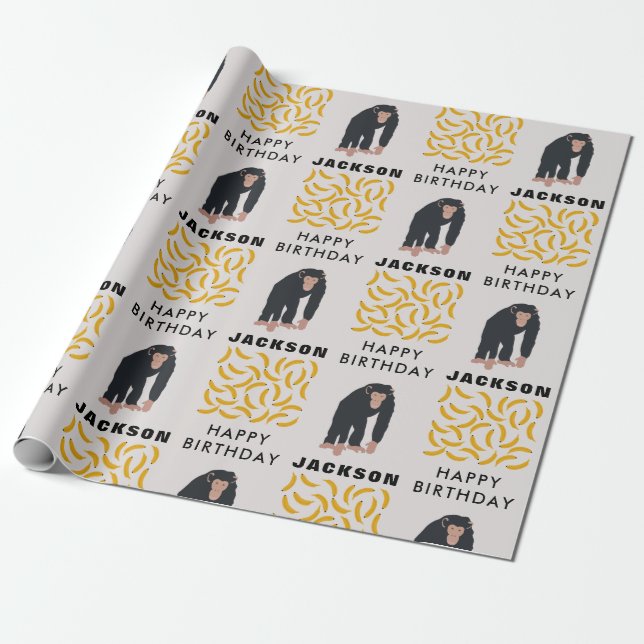 Papel De Presente Macaco Personalizado Chimpanzee & Banana Aniversár (Desenrolado)