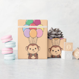Papel De Presente Macaco Voa Com Balões Coloridos