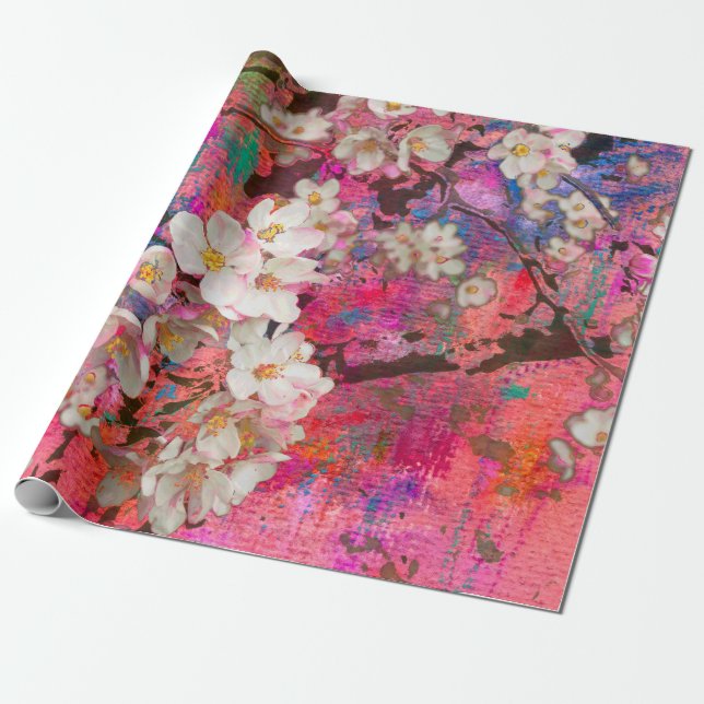 Papel De Presente Maçaneira florescente, pintura e suportes mistos (Desenrolado)