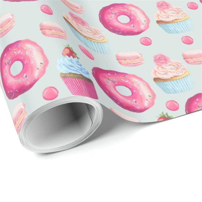 Papel De Presente Macarões Rosquinha E Padrão De Cupcake Em Aquarela (Ponta do rolo)