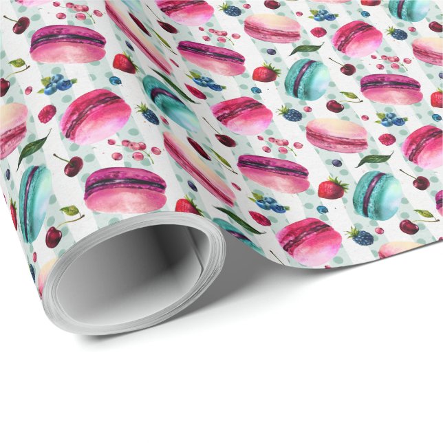 Papel De Presente Macarons - Indústria Francesa De Berries E Bolinha (Ponta do rolo)