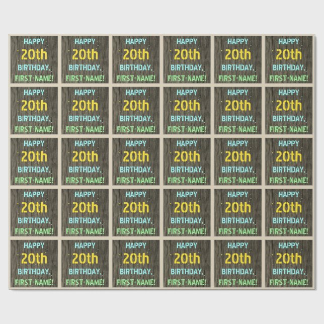 Papel De Presente Madeira Faux, Olhar Texto Pintado, Aniversário 20  (Aberto)