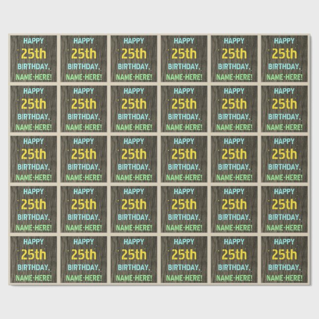 Papel De Presente Madeira Faux, Olhar Texto Pintado, Aniversário 25  (Aberto)