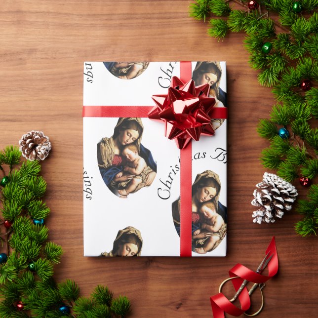 Papel De Presente Madona com Menino Jesus Branco Personalizável (Presente de Natal)