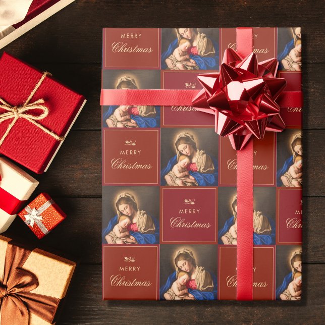 Papel De Presente Madona religiosa tradicional e católica infantil (Religious Christmas gift wrap with Madonna and Child in red and gold for Catholics)