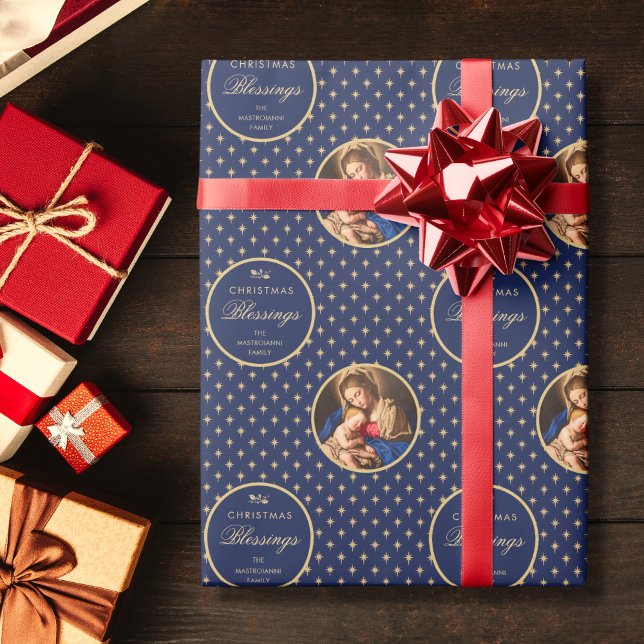 Papel De Presente Madona religiosa tradicional e Natal infantil (Religious Christmas gift wrap with Madonna and Child in navy blue and gold for Catholics)