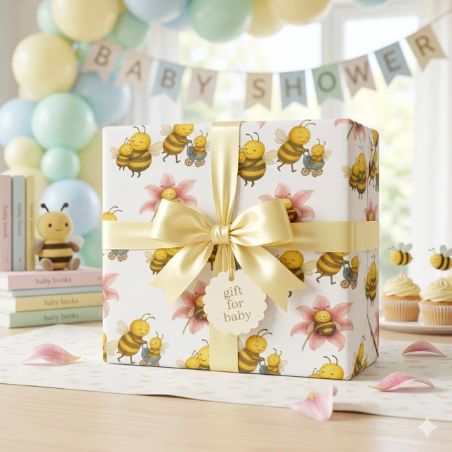 Papel De Presente Mãe Abelha e Abelhinha Fofa  (cute bumblebees wrapping paper for baby showers and mom to bee gifts )