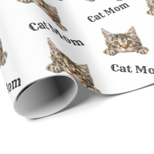 Papel De Presente Mãe de Gato Espiando Kurilian Bobtail Padrão Repet