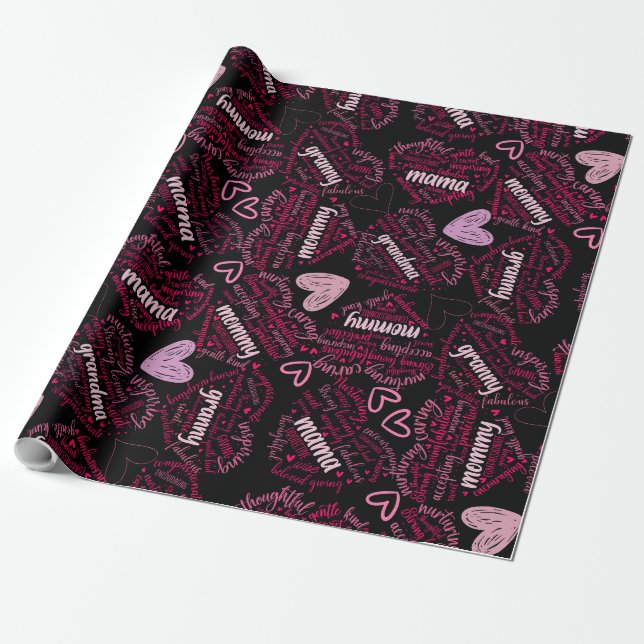 Papel De Presente Mãe dias corações 01.Rosa Preto BG (Desenrolado)
