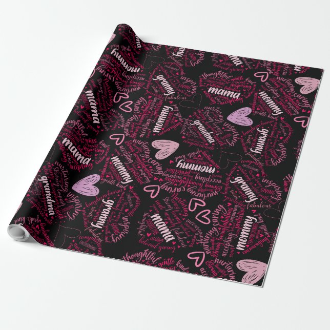 Papel De Presente Mãe dias corações 01.Rosa Preto BG (Desenrolado)