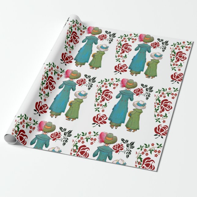 Papel De Presente Mãe Filha Duo Rosas vermelhas Floral Greenerescênc (Desenrolado)