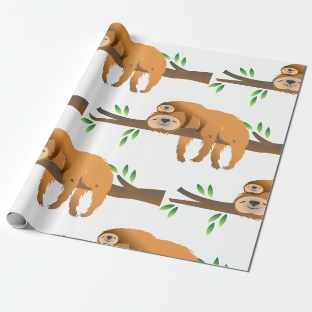 Papel De Presente Mãe Sloth e Bebê Descansando em um Ramal de Árvore (Desenrolado)