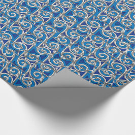 Papel De Presente Magen David Swirl Blue e Silver Mosaico