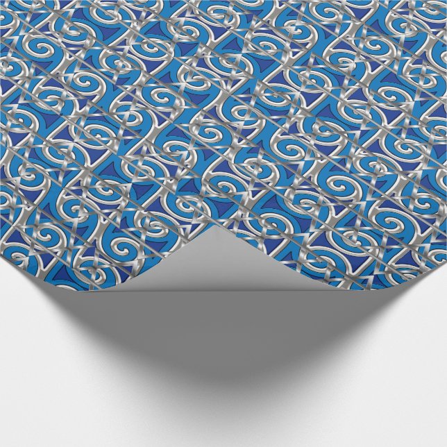 Papel De Presente Magen David Swirl Blue e Silver Mosaico (Ponta)