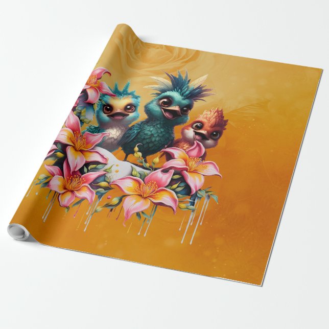 Papel De Presente Magia de pássaros num mar de ​ flores ​. (Desenrolado)