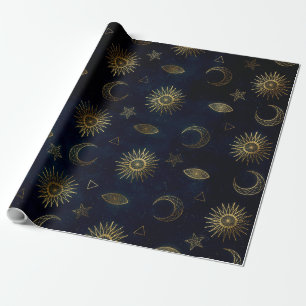 Papel De Presente Magia Dourada Sol-Lua Estrelas Azul Escuro