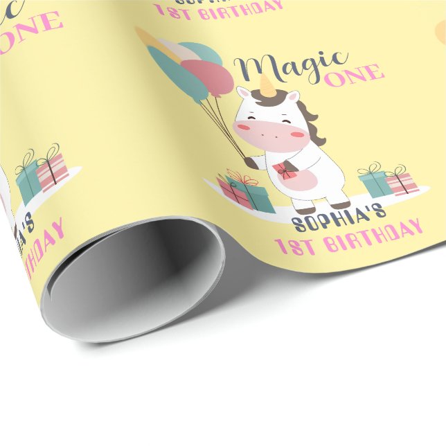 Papel De Presente Magic One Unicorn 1st Birthday (Ponta do rolo)
